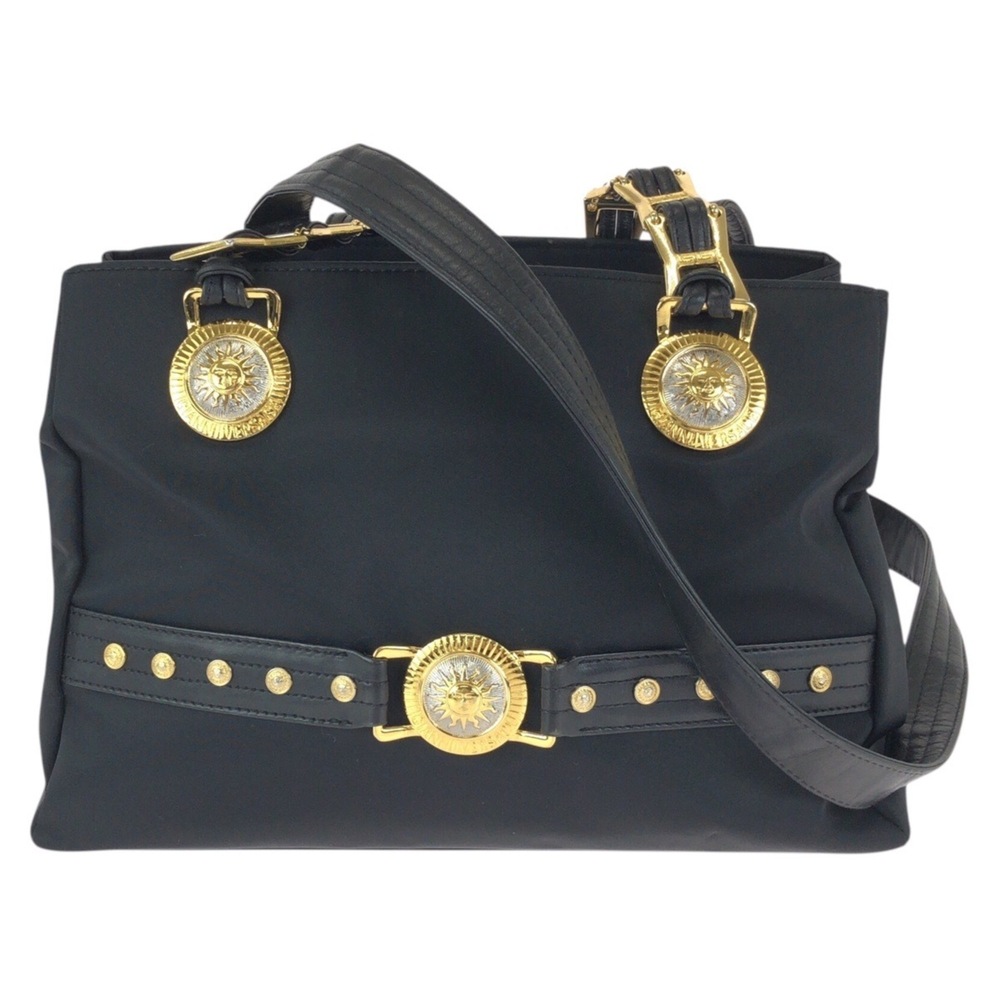 VERSACE Vintage Sunburst Black Nylon Leather Shoulder Bag/Tote Bag with Gold ...